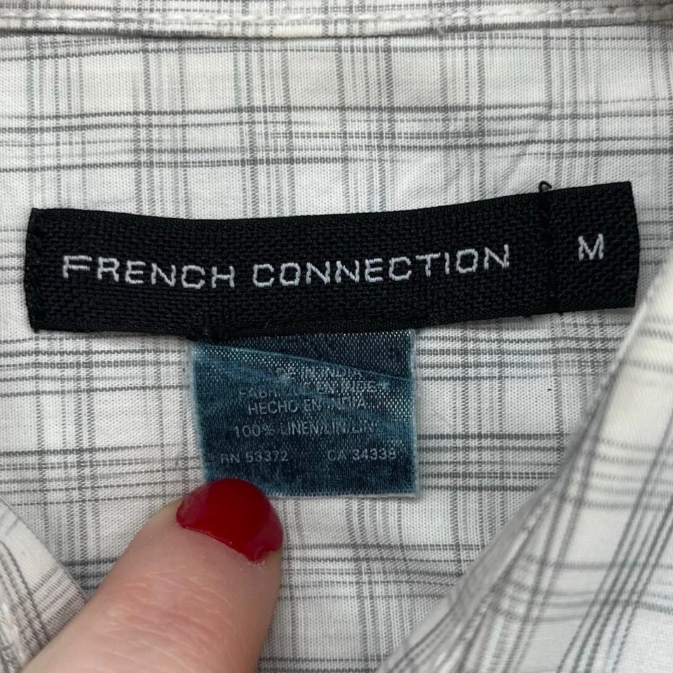 Camisa de lino French Connection para hombre blanca gris a cuadros manga larga con botones talla M Foto 4 de 4