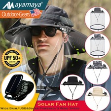 Men Women Anti-Mosquito Head Net Sun Hat with Solar Fan Wide Brim for Outdoor