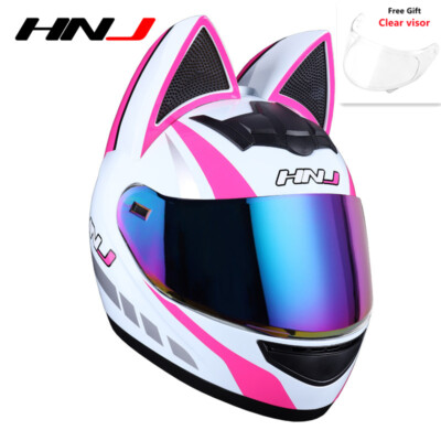 White Pink Motorcycle Helmet Full Face Cat Ear Moto Helmet With