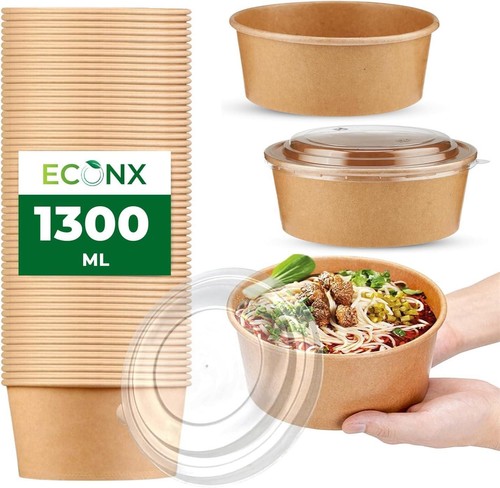 Disposable Kraft Salad Paper Bowls with Lids Takeaway Food Bowls Soup Containers - Picture 2 of 32