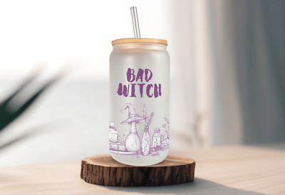 Bad Witch Frosted Glass Can W/ Bamboo Lid 16 Oz Halloween Glass Cup by Mugzan