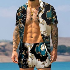 Men Sets Summer Printing Short Sleeve Shirt Beach Shorts Two Set Casual Holiday