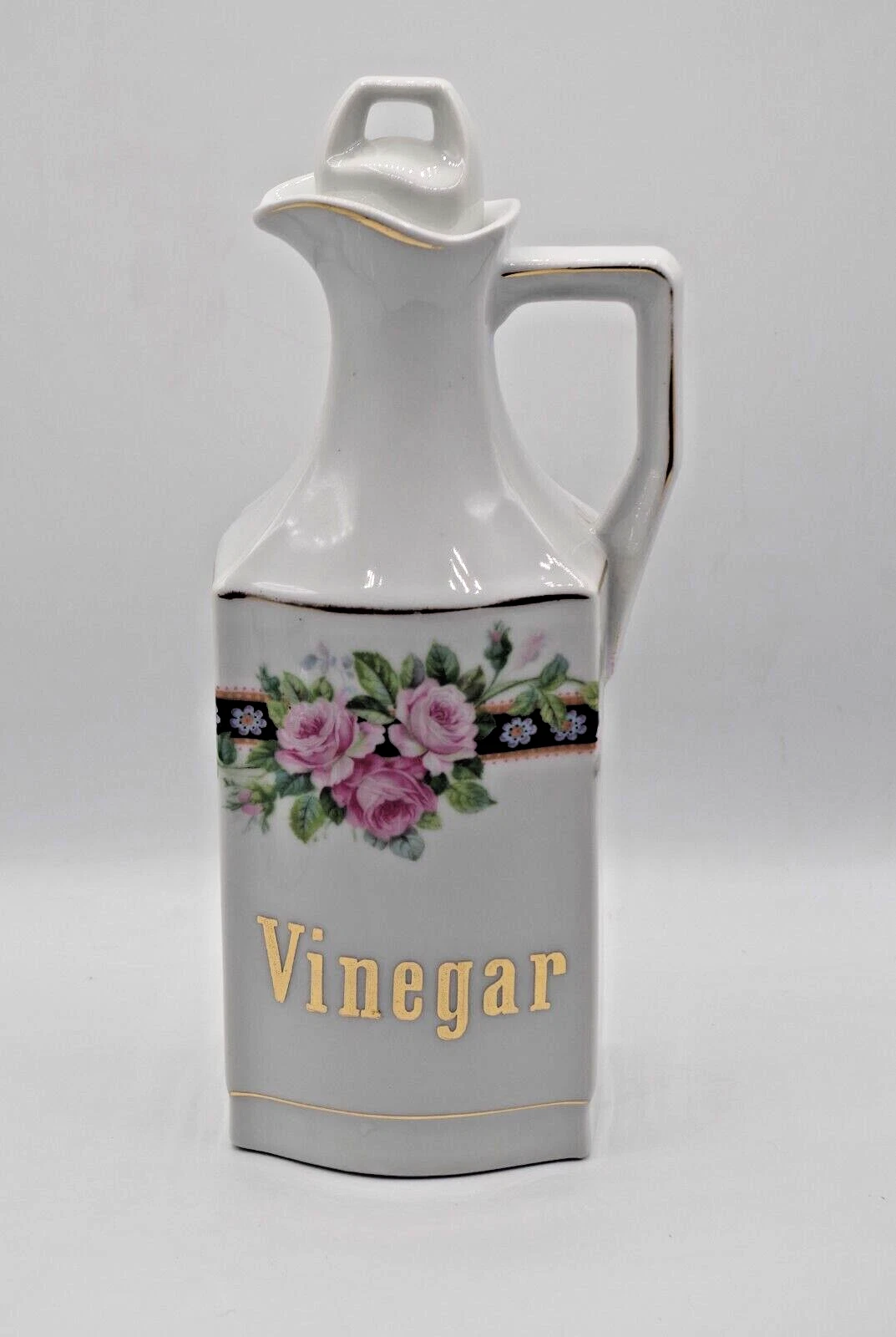 ANTIQUE GERMAN CERAMIC LARGE VINEGAR BOTTLE CRUET 10" ROSES