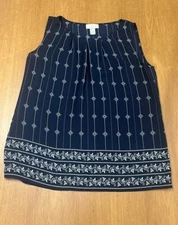 Loft Navy & Gray Print Sleeveless Blouse, Round Neck Pleated Detail, Size S