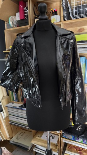 Jacket Black Patent Leather PU Biker Y2K Sexy Fetish Punk Goth Vintage Size 12 - Picture 7 of 9