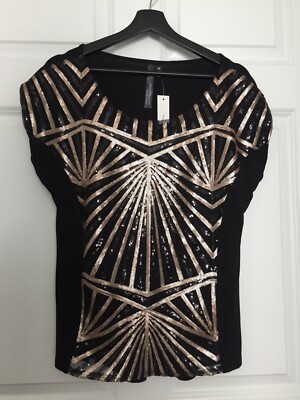 NWT EllumiNation Black Bronze Sequins Sleeveless Blouse Top Size Large M