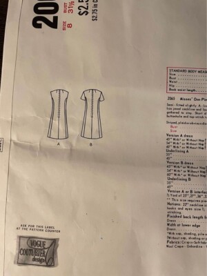 Vintage 1969 VOGUE 2065-FABIANI LADIES DRESS PATTERN FF | eBay
