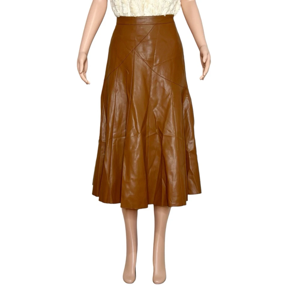 $130 NUEVO CON ETIQUETAS MAEVE x ANTHROPOLOGIE Mariska Falda Midi de Cuero Sintético, Marrón, 8 (EE. UU.) Foto 4 de 4