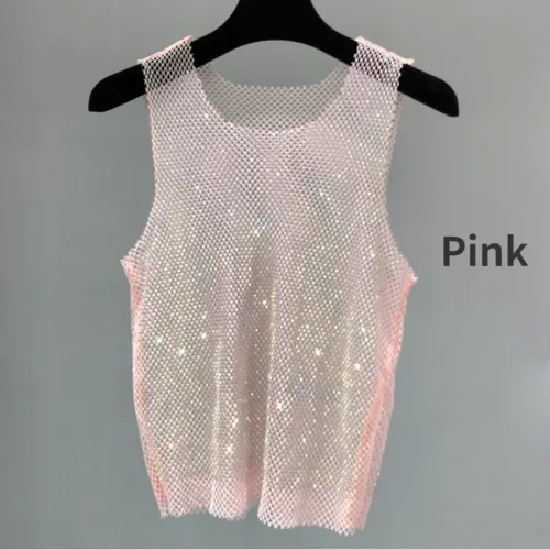 Damen Kristall Mesh Camisole Tank Top Glitzer glänzend ausgehöhlt Weste Weste - Bild 10 von 25