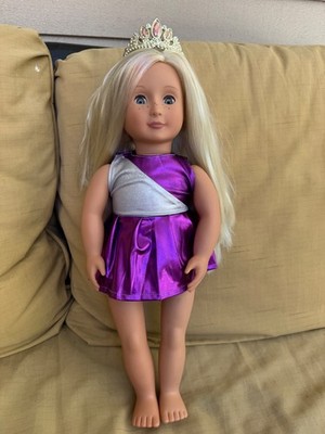 OUR GENERATION 18'' DOLL BLONDE HAIR GREY EYES FRECKLES W/PURPLE SHINY DRESS
