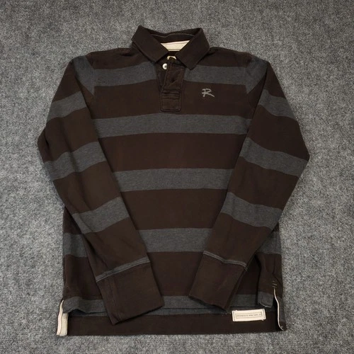 Ruehl No 925 Rugby Shirt Mens Small Brown Gray Striped Long Sleeve Cotton Logo