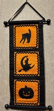 Handmade Quilted Halloween Fabric Wall Hanging Black Cat Jack O Lantern Witch