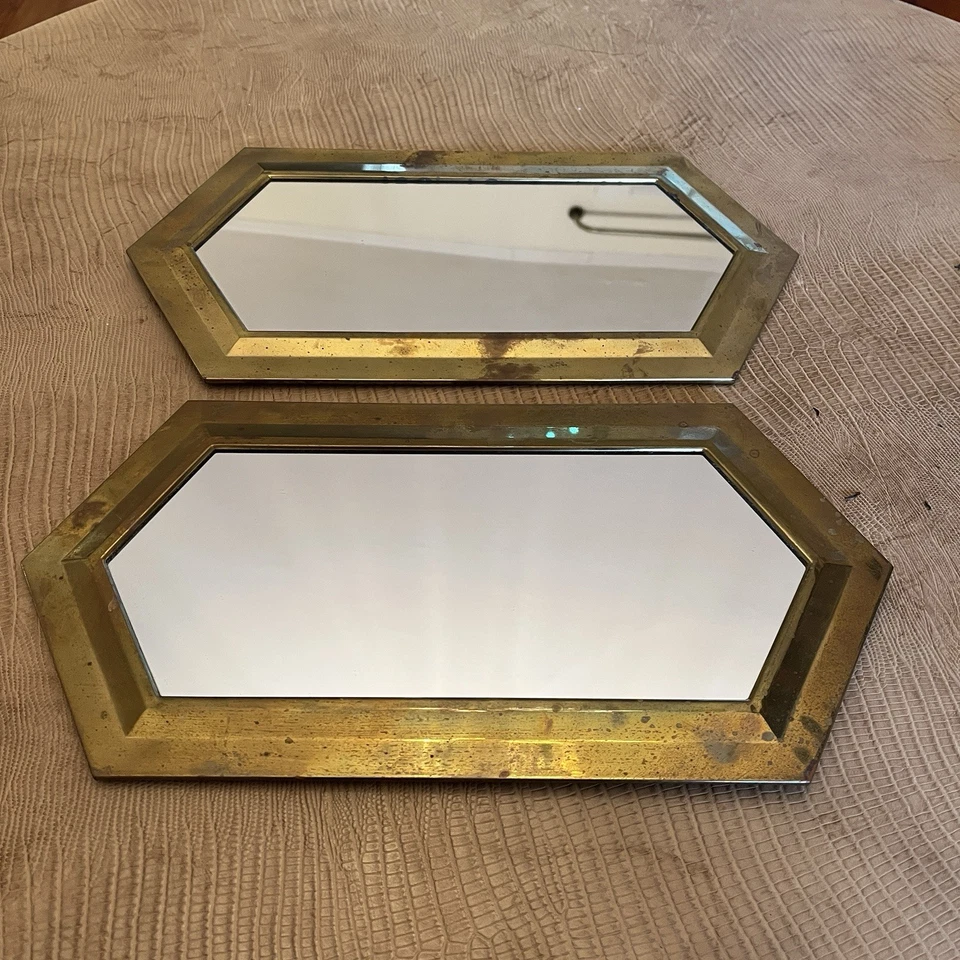 Pair Wall Mirror Brass Patina Hexagon, 2 Hexagonal, Vintage 14x7”, Small Decor - Image 2 of 4