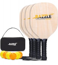 RAZZLE ROCKET, Wooden 4 Pickleball Paddle Set With 6 Balls And Carrying Bag
