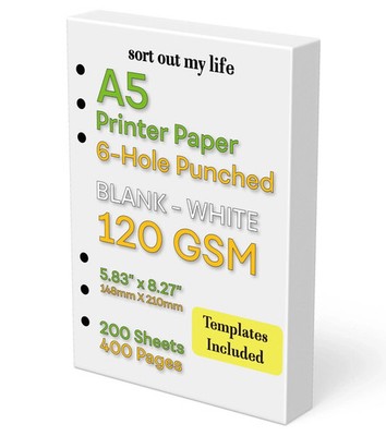 A5 Printer Paper 6-Hole Punched Blank-White 120 GSM 200 Sheets 400 Pages