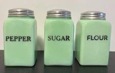 McKee Green Jadeite Sugar, Flour and Pepper Shakers with Lids