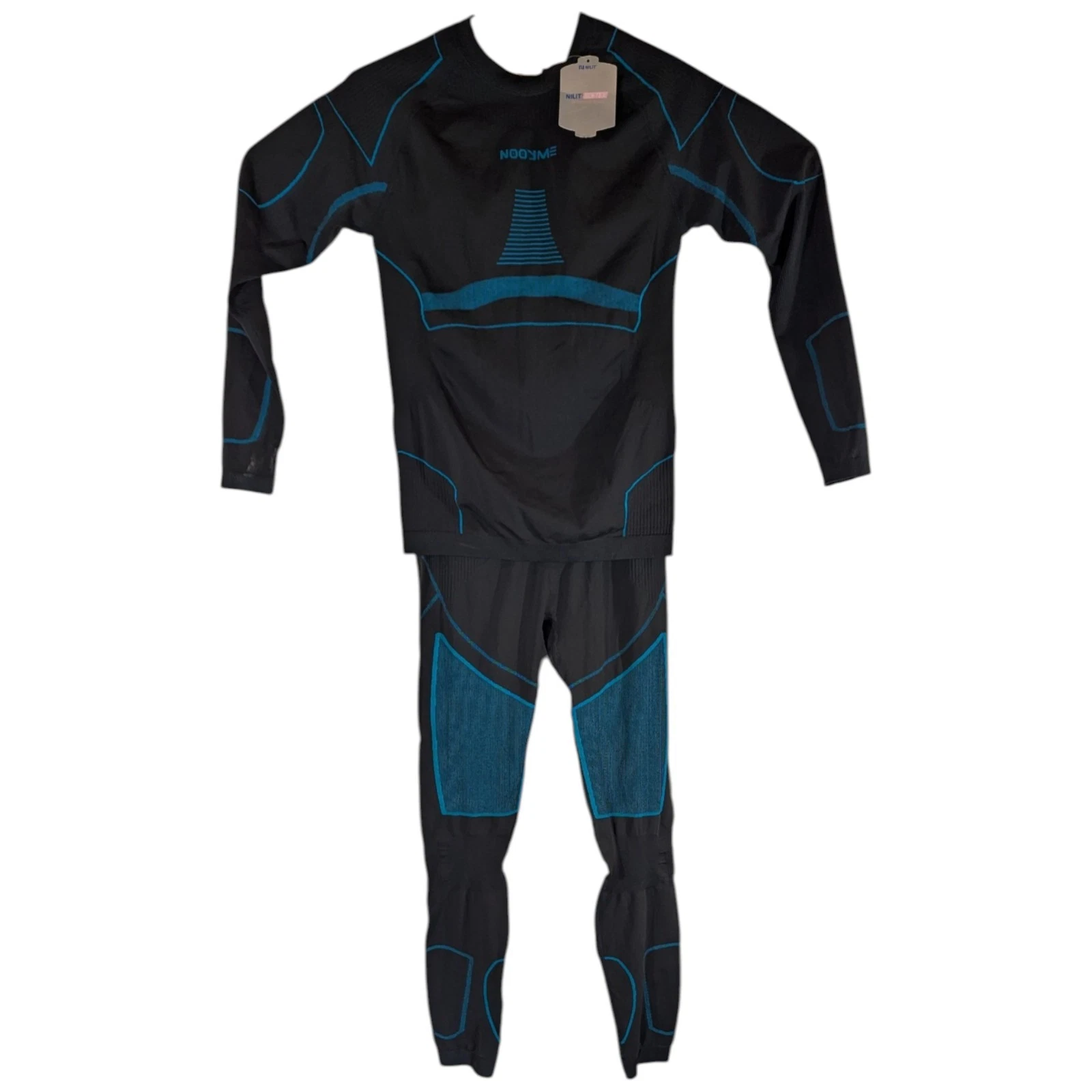 Black Teal Workout Outfit Compression Shirt Pants Nooyme size Large Base Layer