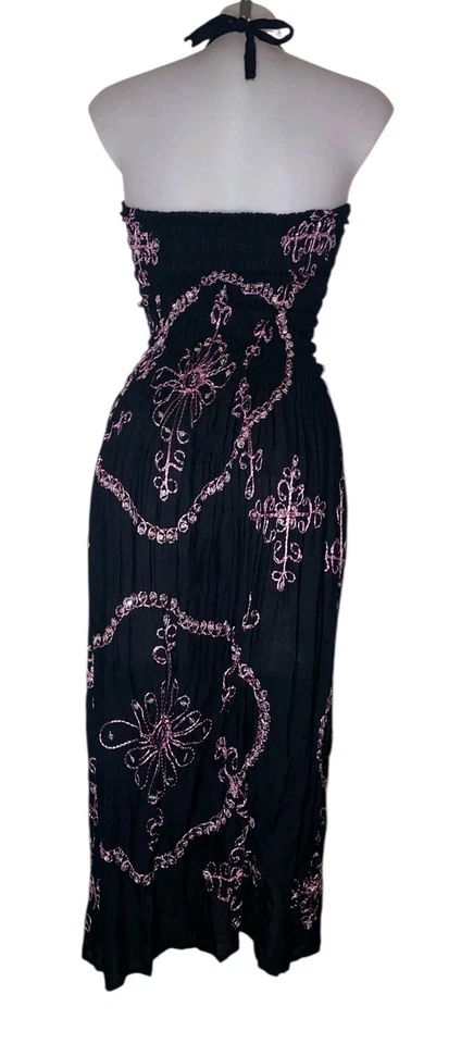 Vestido halter caprichoso bordado negro y rosa Y2k años 90 para mujer talla S Foto 2 de 4