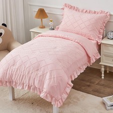 4 Piece Boho Tufted Toddler Bedding Set for Girls Pink Ruffle Crib Bed Sheets...