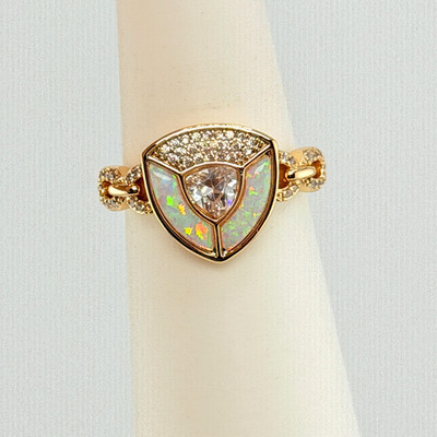 Bomb Party October Sz 9 ''Permission To Dazzle'' White Opal on Yellow Gold Shield