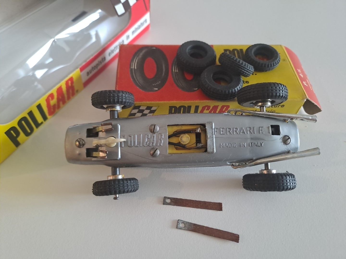 60s Ferrari F1 NEW Complete Policar Slot Car + 2 Sliding Contacts + WHEELS