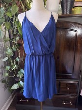 Sz M VINTAGE Navy Blue 100 Silk Slip Mini Dress Tank Bloused 90  s Y2K Elastic