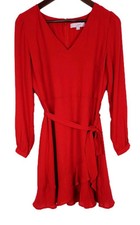 Loft Size 6 Solid Red Long Sleeve Ruffle Layered Dress V-Neck Tie Waist 