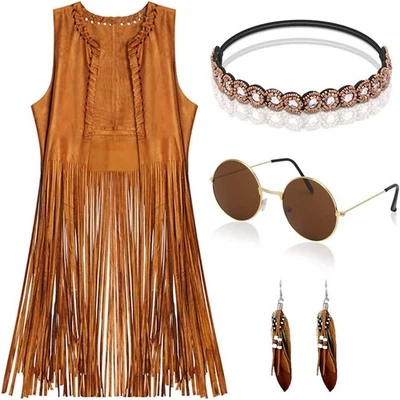 Hippie Kostüm Damen Set Fransen ärmellos Weste Hippie Kleidung 60er 70er Jahre