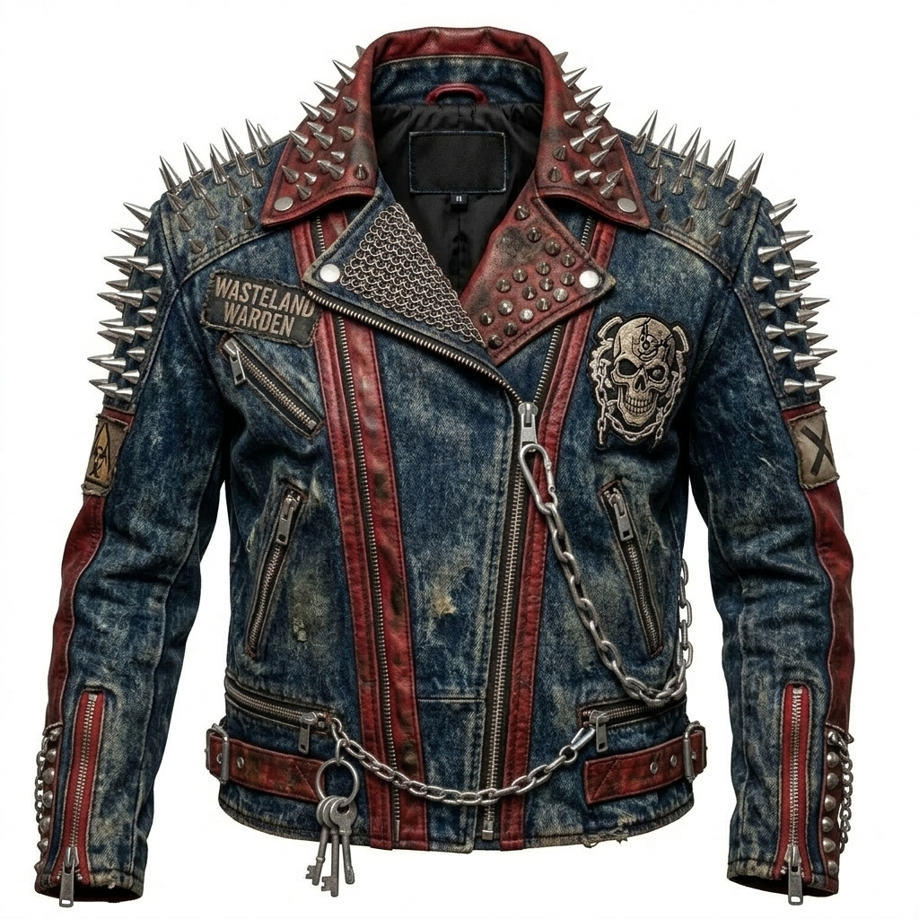Men's Punk Gothic Spiked Denim Leather Jacket Studded Biker Skull