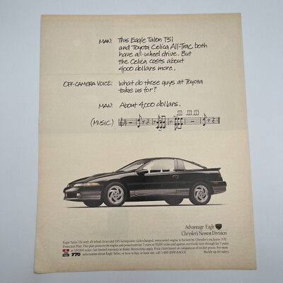 Eagle Talon TSi 1990 Vintage Print Ad 10''x12'' Chrysler black Talon