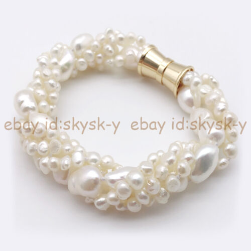 4 Strands 5-6mm 9-10mm Natural White Freshwater Baroque Pearl Bracelet 8'' - Afbeelding 1 van 6