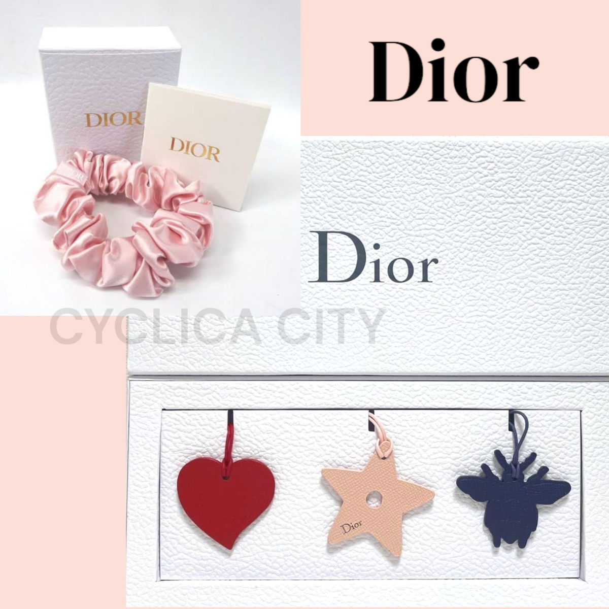 Christian Dior Pink Hair tie Scrunchie & 3pcs Leather Bag Charms
