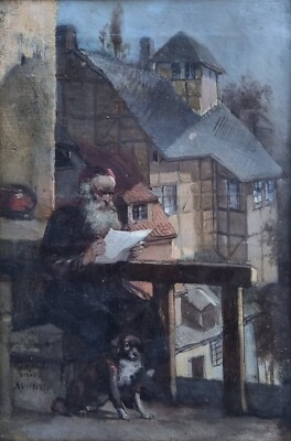 PETIT Belgian 19th Painting View of Bruges Old Man and His Dog Oil on Canvas