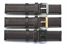 20mm Brown Leather White Stitching Men Watch Strap Silver, Gold, Black Buckle