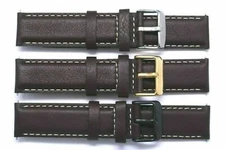 20mm Brown Leather White Stitching Men Watch Strap Silver, Gold,  Black Buckle