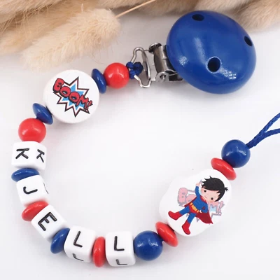 MOTZISBUNTEWELT Schnullerkette mit Namen Junge ★ SUPERMAN ★ Superheld Comic Babygeschenk blau
