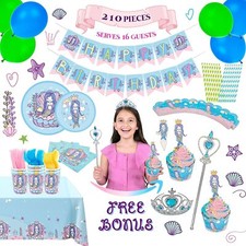 Mermaid Party Supplies Pack - Serves 16 - 210 Pc Decor Tableware Set Tiara Wand