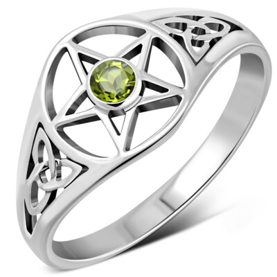 Ring Sterling Silber 925 Keltischer Dreifaltigkeitsknoten Peridot Pentakel mehrere Größen NEU