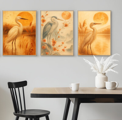 3er Set Reiher steht am Wasser unter Sonnenuntergang leuchten Poster Deko Kunst Zuhause Drucke A4