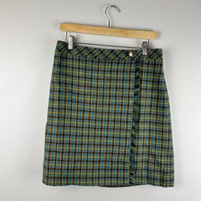 NWT Talbots Wool Plaid Mini Skirt Fringe Accent Green Blue Women's Size 8
