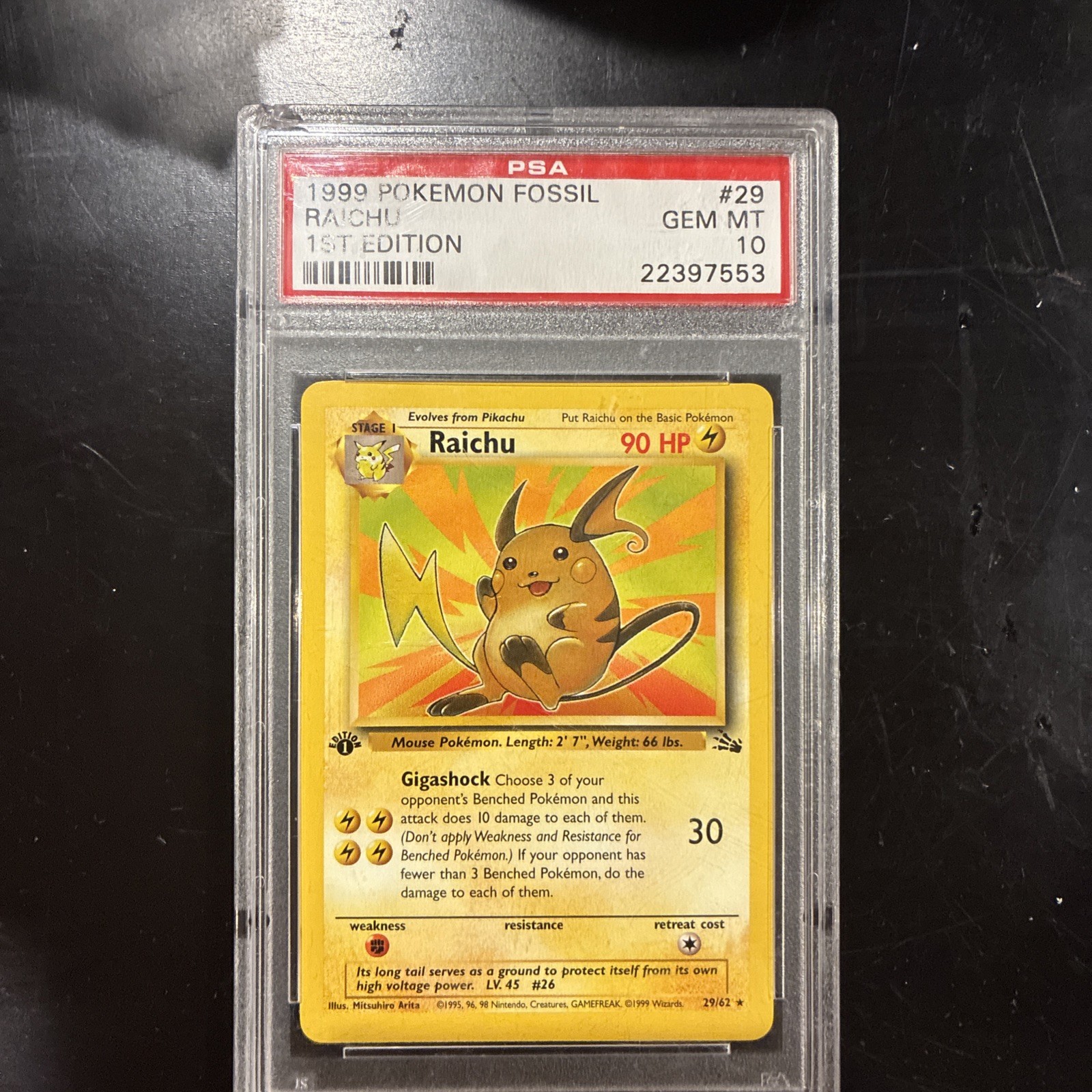 1999 POKEMON FOSSIL 1ST ED #29 RAICHU PSA 10