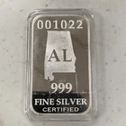 U.S. State Silver Bar, AL, Alabama, 1 Full Troy oz .999 Silver