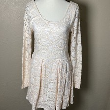 Free People Cream Floral Lace Long Sleeve Fit and Flare Mini Skater Dress Medium