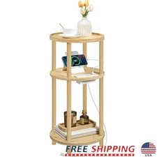 Bamboo Charging Side Table W/ USB AC Outlet Round End Table Living Room