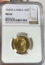 1929 SOUTH AFRICA  1 SOVEREIGN GOLD COIN NGC MS64