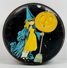1920s Antique Vintage Halloween Litlle Witch w/Broom & JOL Tindeco Candy Tin