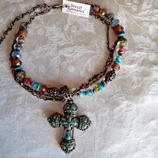 Sweet Romance Mayan Dimensional Cross Necklace Glass Beads & Stones NEW