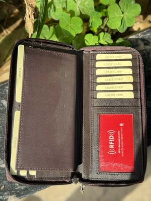 Genuine Leather Checkbook Cover, RFID Blocking Long Bifold Wallet for Unisex