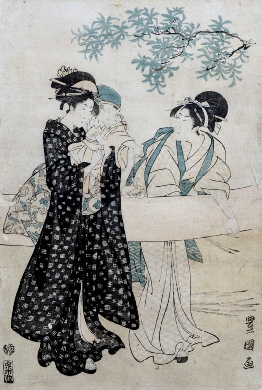Authentic Circa 1790s Japanese Edo Woodblock Print Toyokuni I Beauties & Child