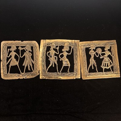 Vintage African Hand Cast Brass Wall Plaques Set/3 Tribal Dancers Folk Art Decor